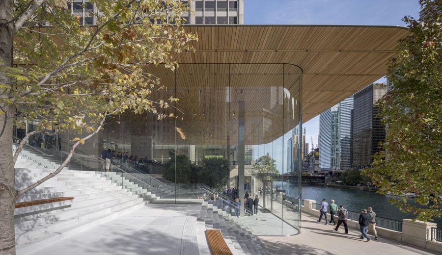 Apple shares latest vision for new Chicago River retail store as roof and  curved glass put in place - 9to5Mac