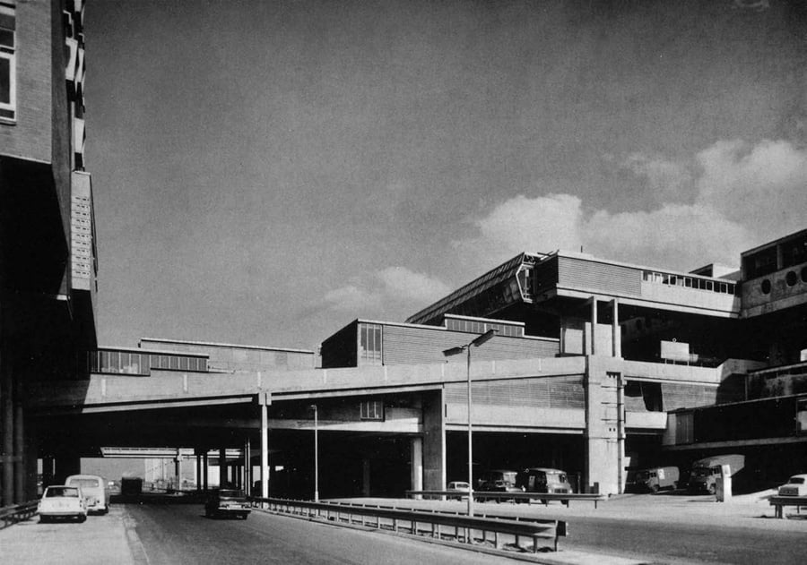 A black and white photograph of Cumbernauld Town Centre from Reyner Banham's Megastructure