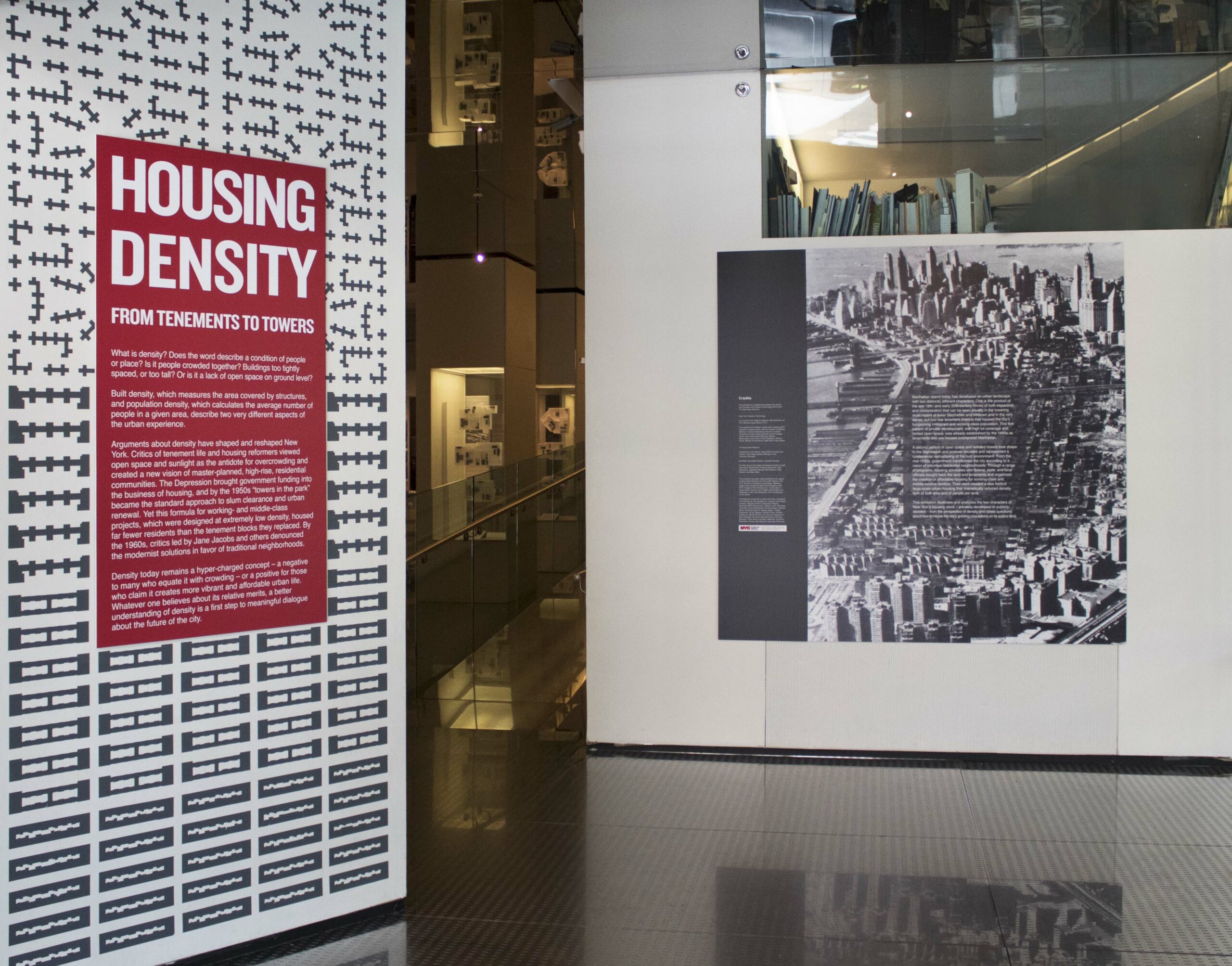 Interior of an exhibition on housing density at the Skyscraper Museum in New York City