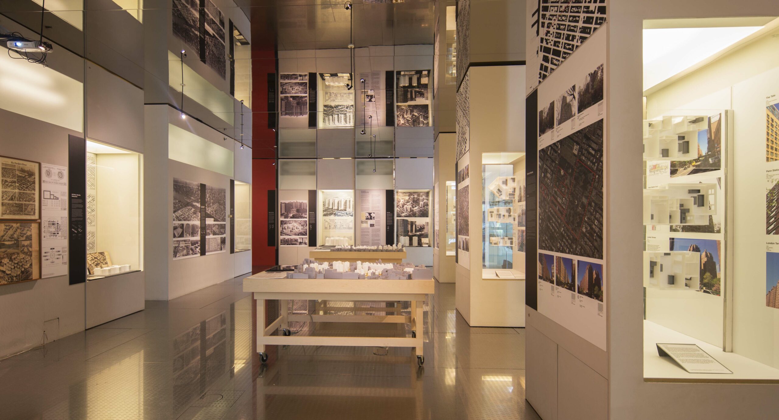 Interior of an exhibition on housing density at the Skyscraper Museum in New York City