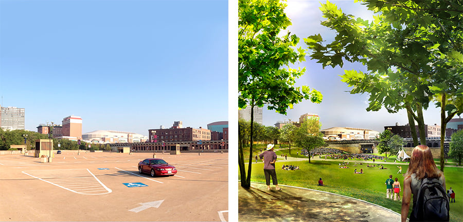 two views of the St Louis Arch Redesign