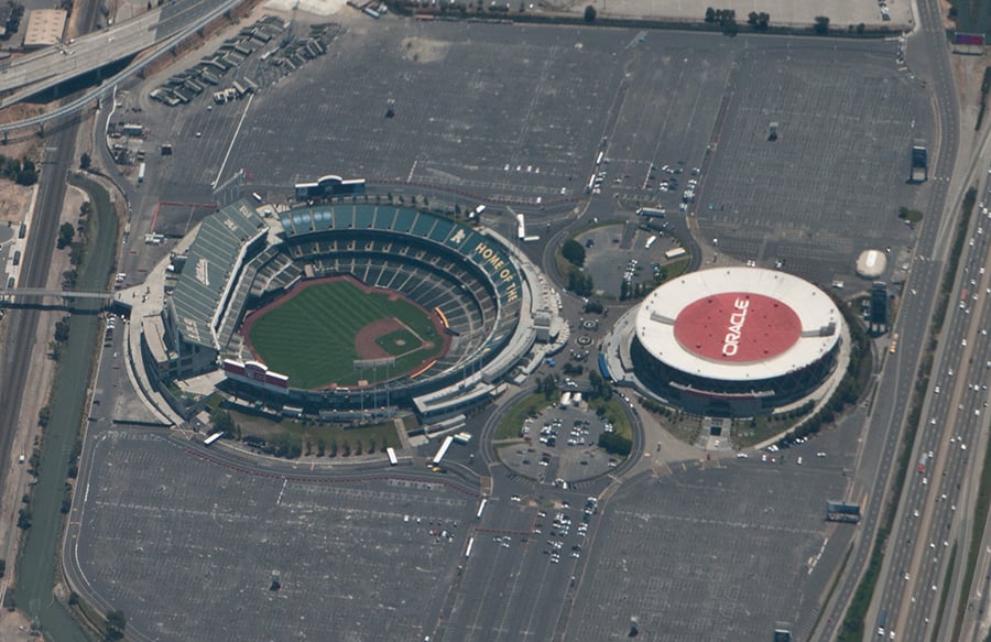 Aerial view of Baseball Field in a quite suburban neighborhood