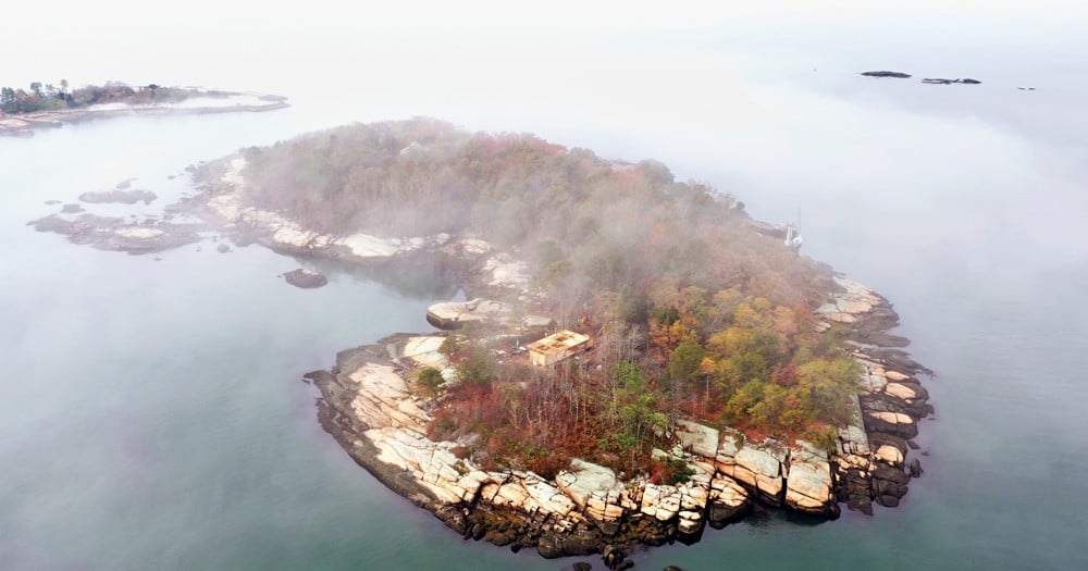 A drone photo of hose island in the fog