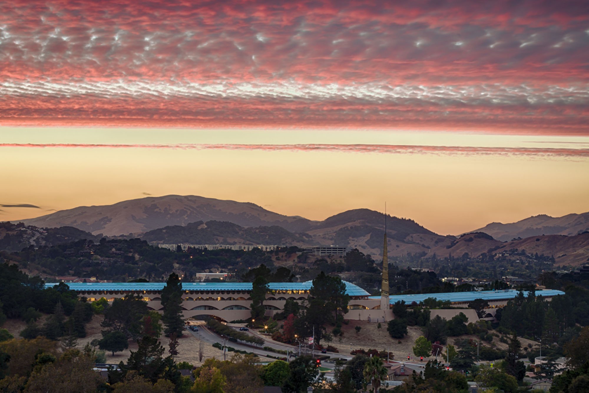 The Marin County Civic Center from a distance, evening.