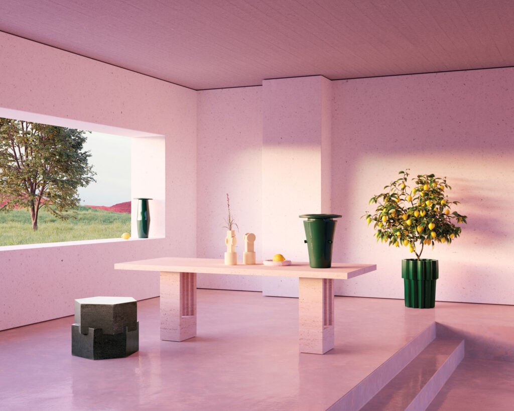 A digital rendering of a dining room