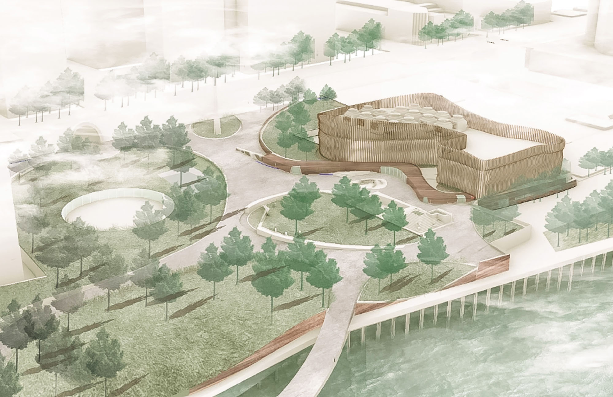 rendering of a data center built into a park in Detroit