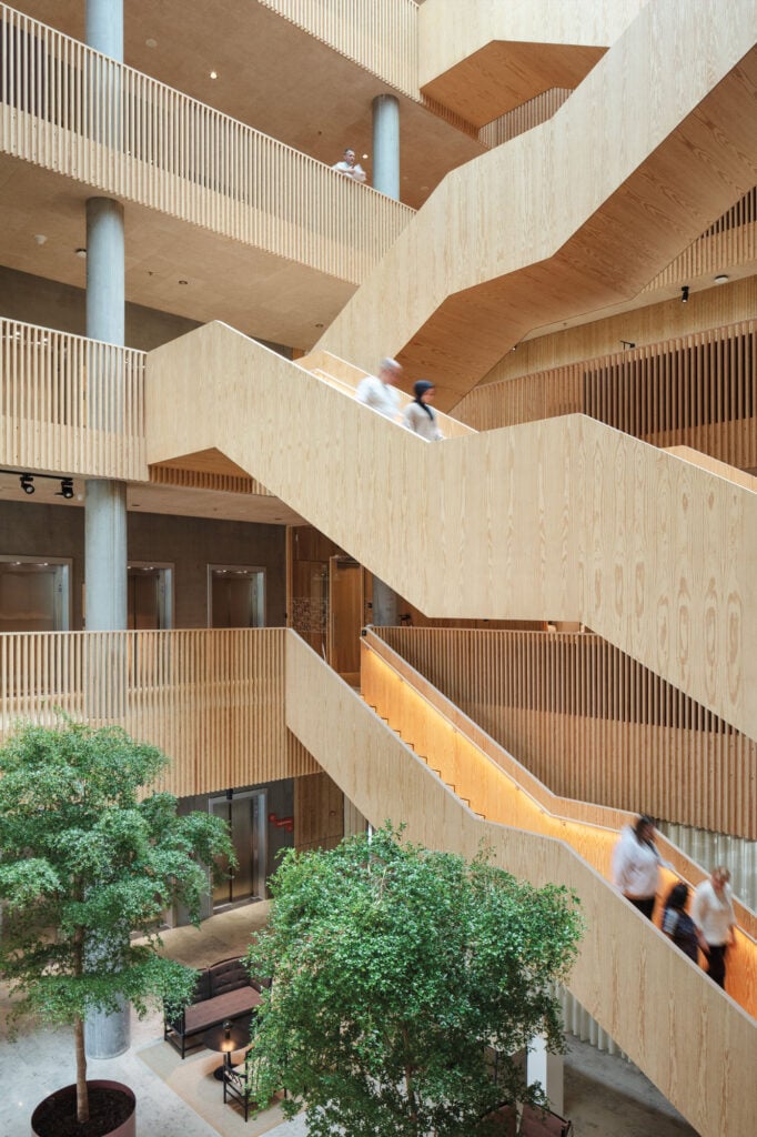 wooden interior staircase in atrium