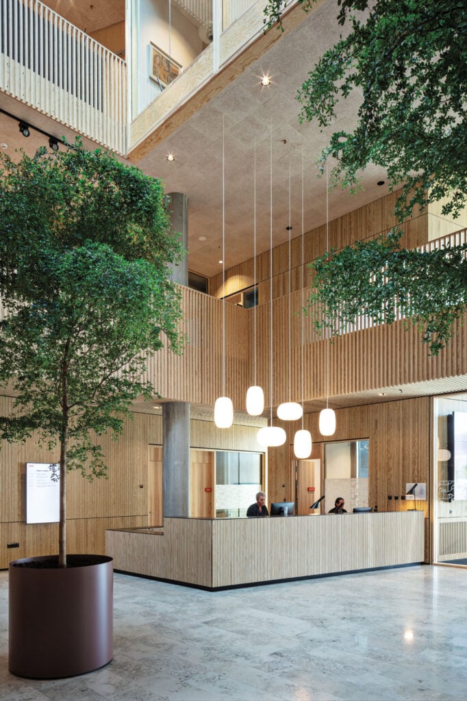 wooden atrium and lobby front desk