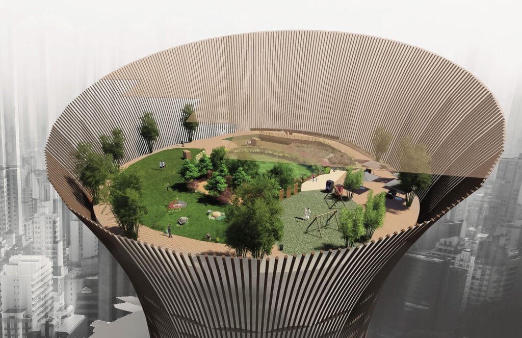 rendering of a rooftop garden on a seattle data center tower.