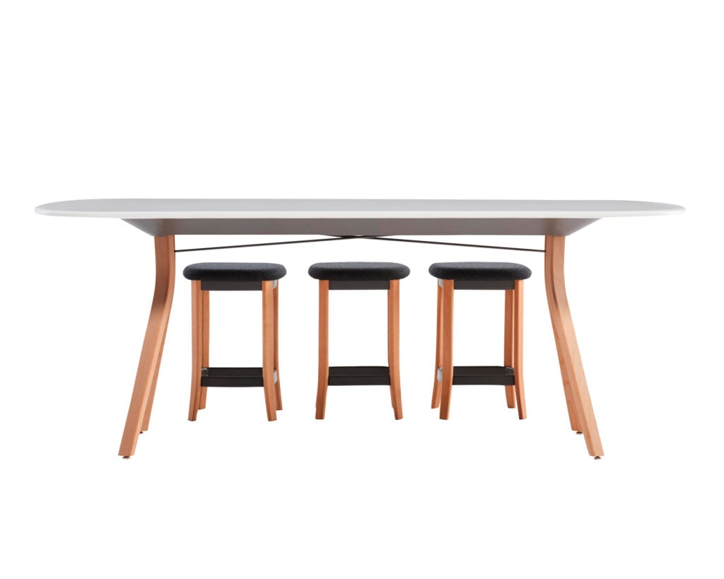 White table with black stools