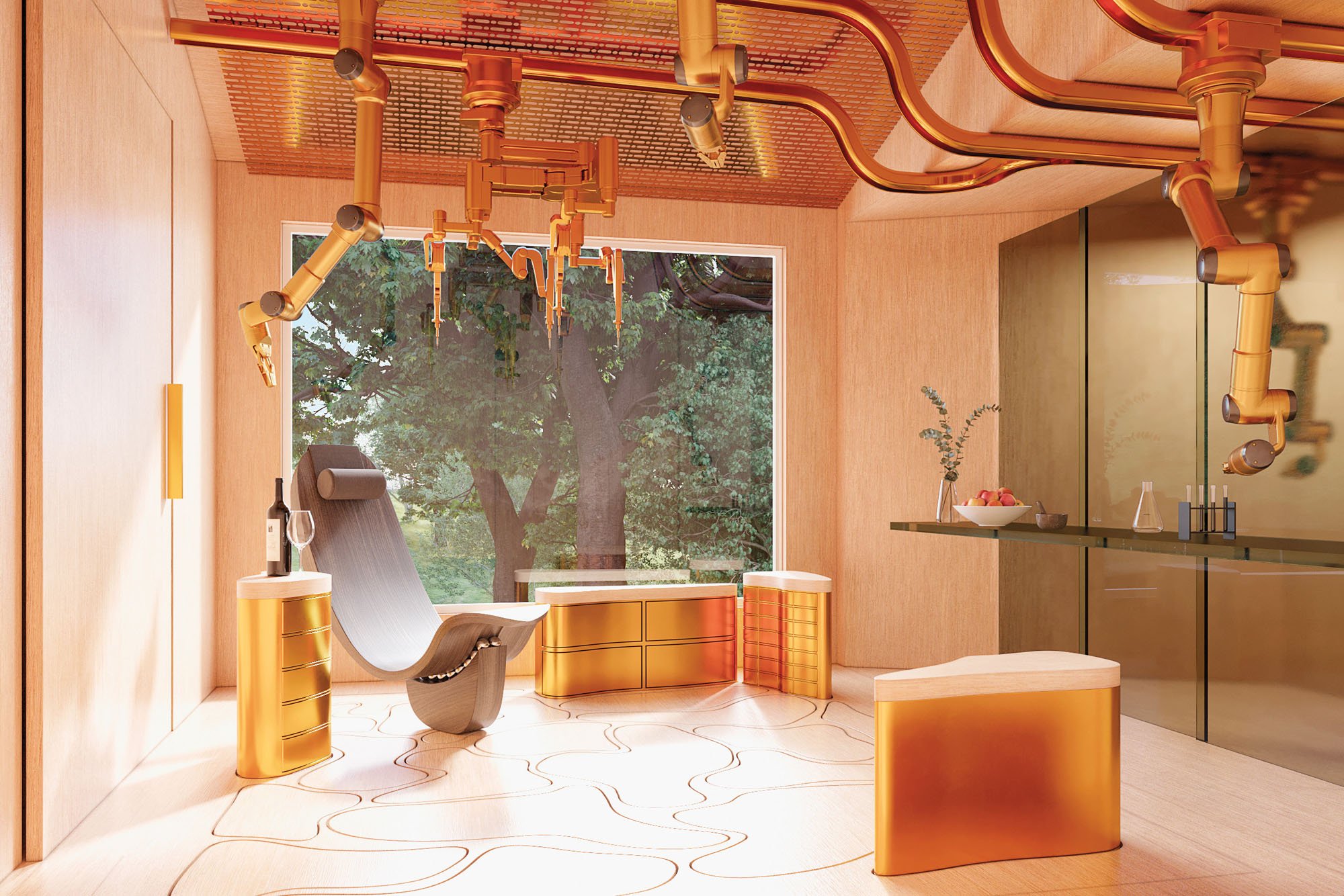 futuristic interior rendering gold colored furniture and robotic arms