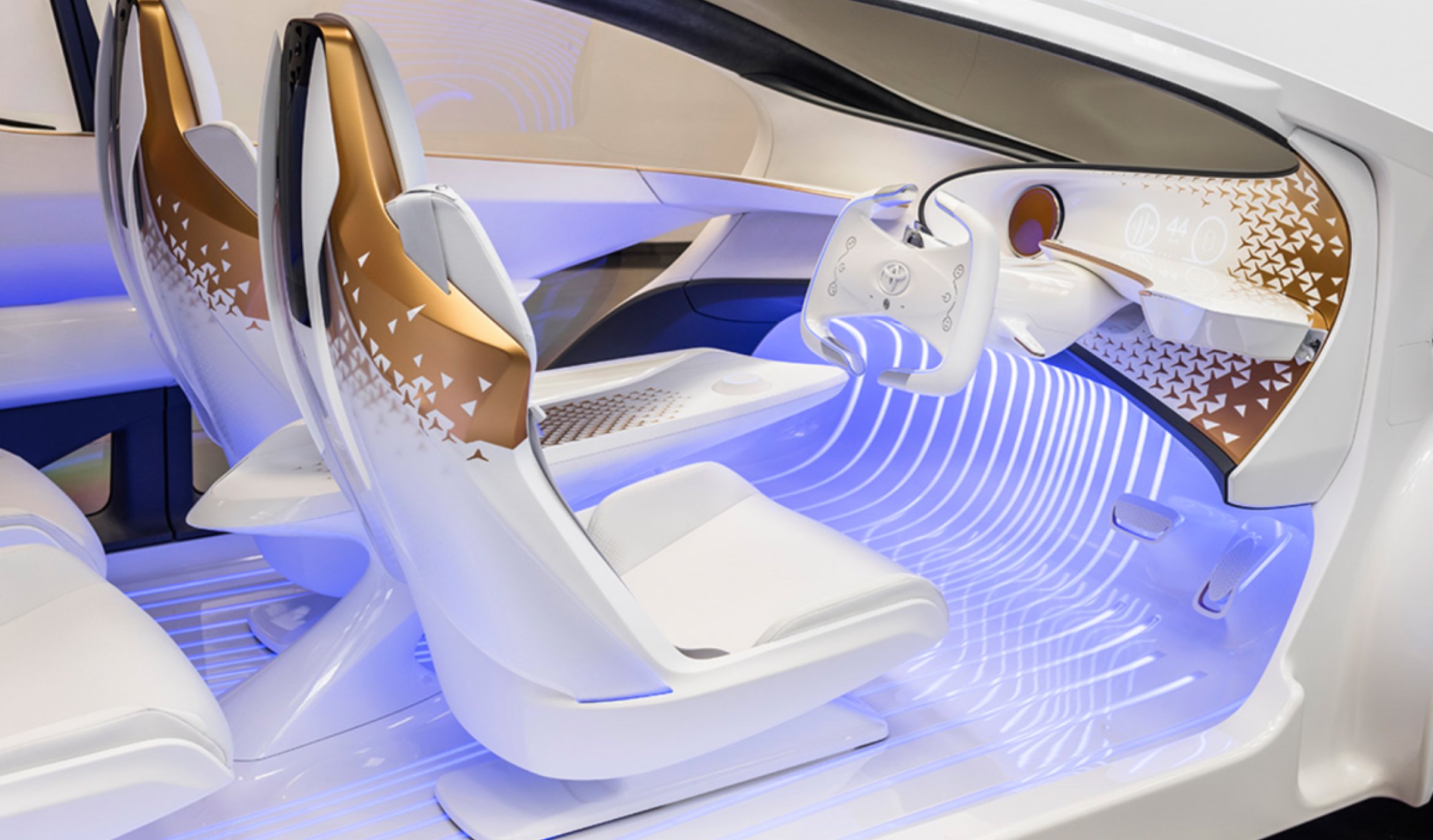 an interior of an autonomous vehicle designed by Tellart and Toyota. 