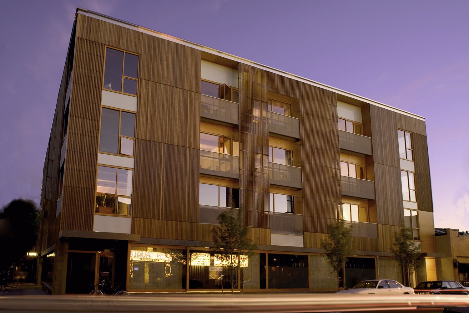 exterior of residential building in evening with rainscreen