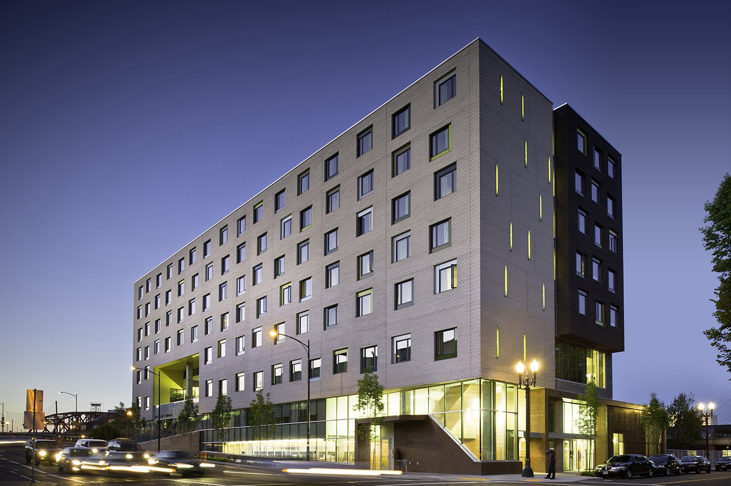 exterior of residential building evening.