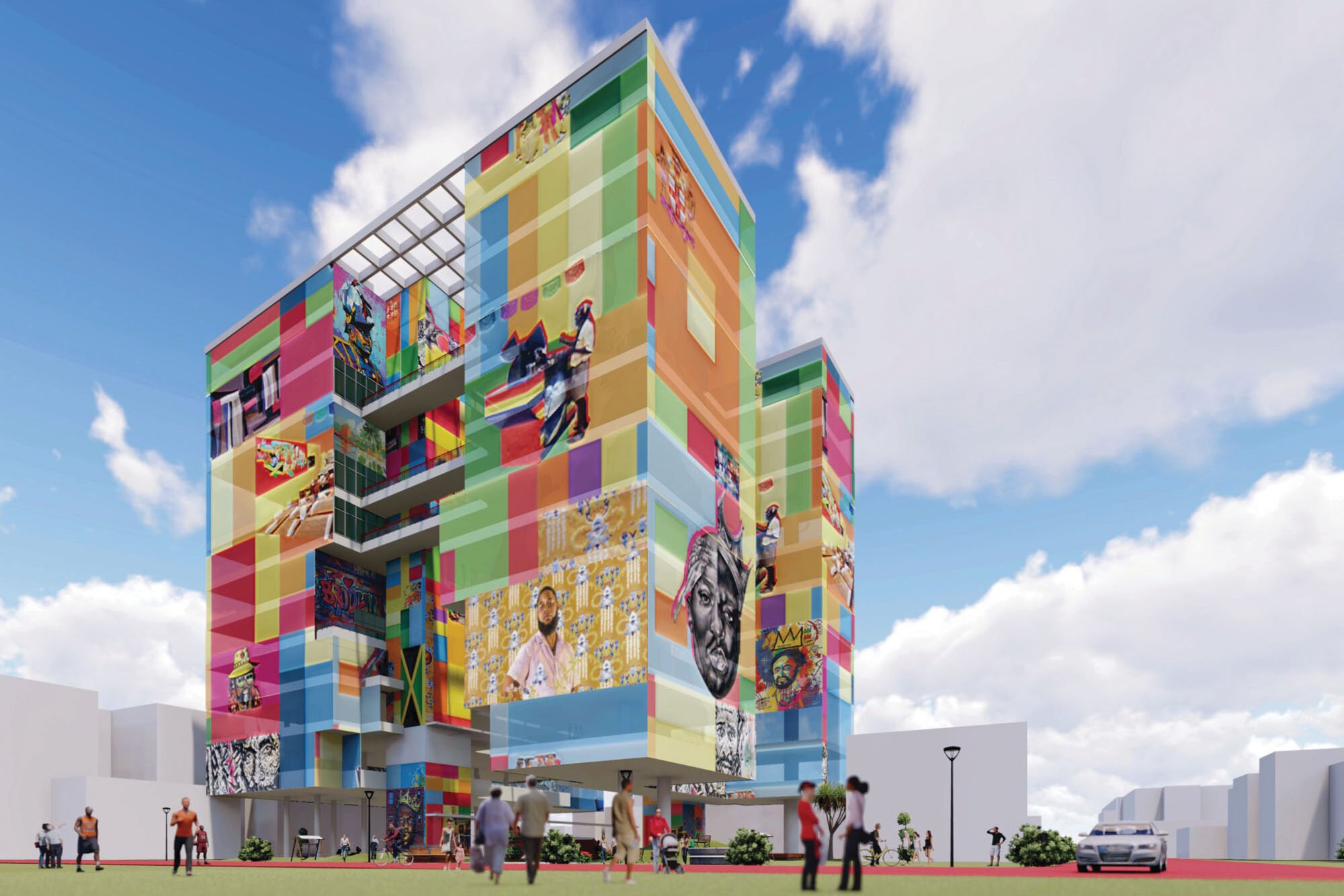 housing tower clad in colorful mural skin