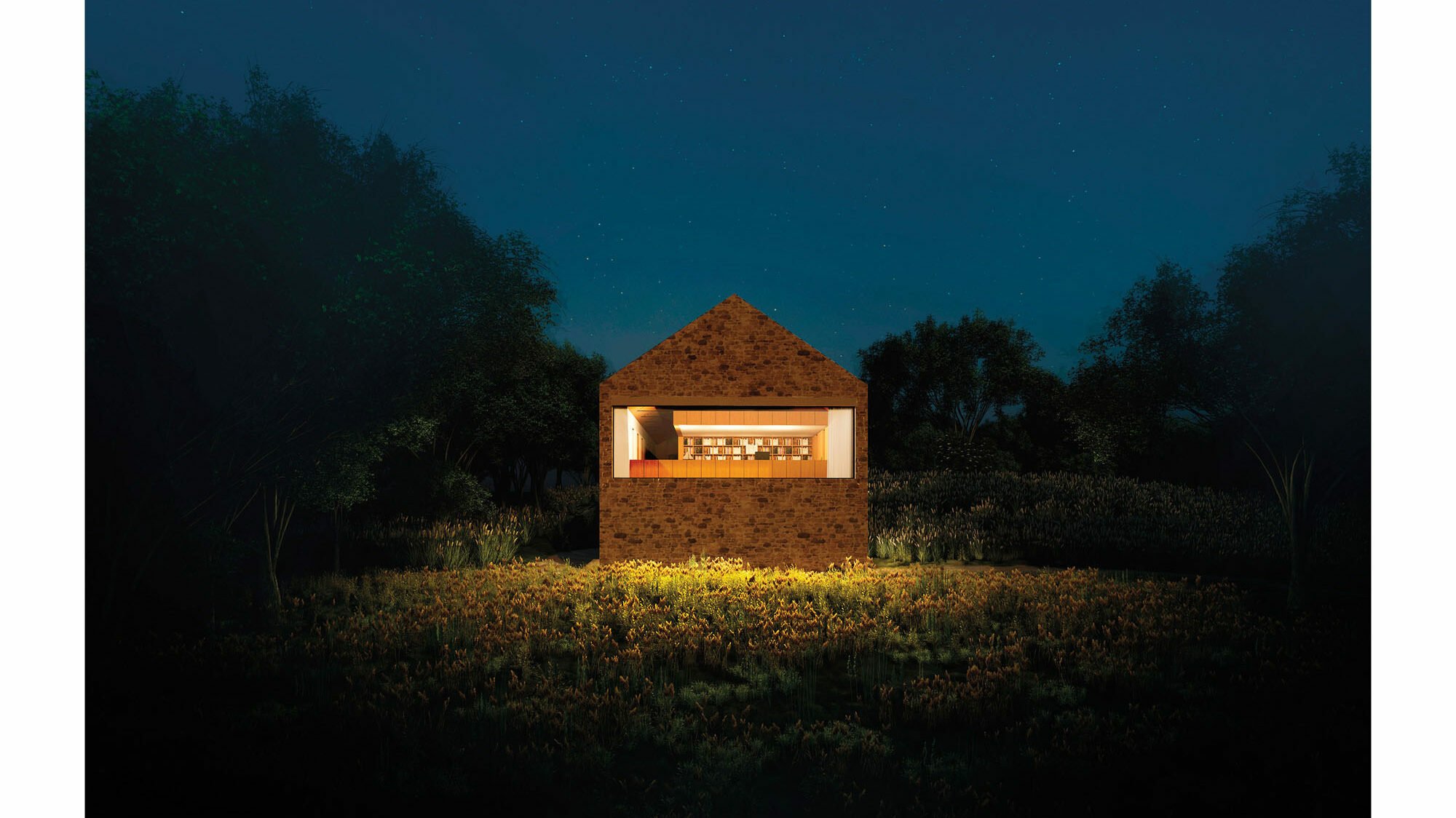 rendering of small house illuminated in dark field.