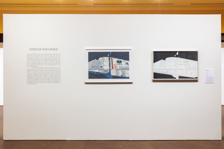 An image of the interior of a gallery at an exhibition on the art of zoe zenghelis at the carnegie museum of art