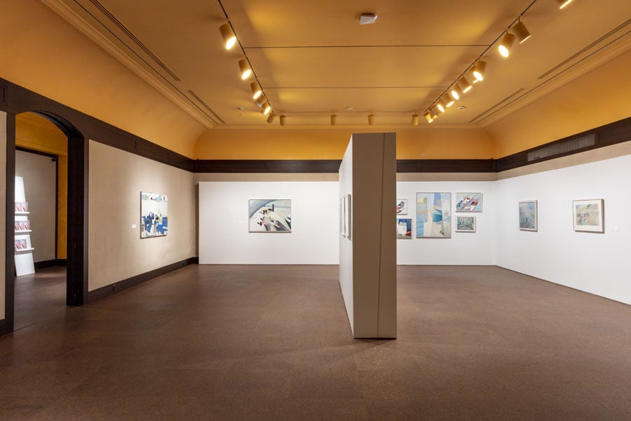 An image of the interior of a gallery at an exhibition on the art of zoe zenghelis at the carnegie museum of art