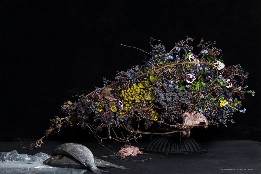 Photograph of a floral arrangement against a black backdrop 