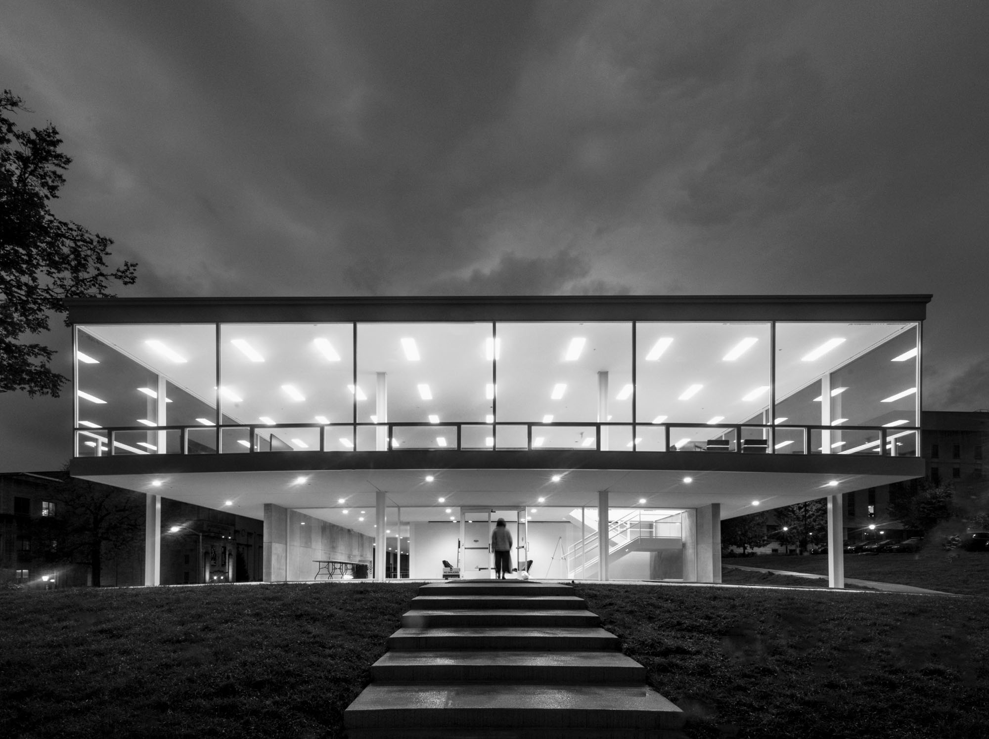 New Mies Van Der Rohe building at night black and white. 