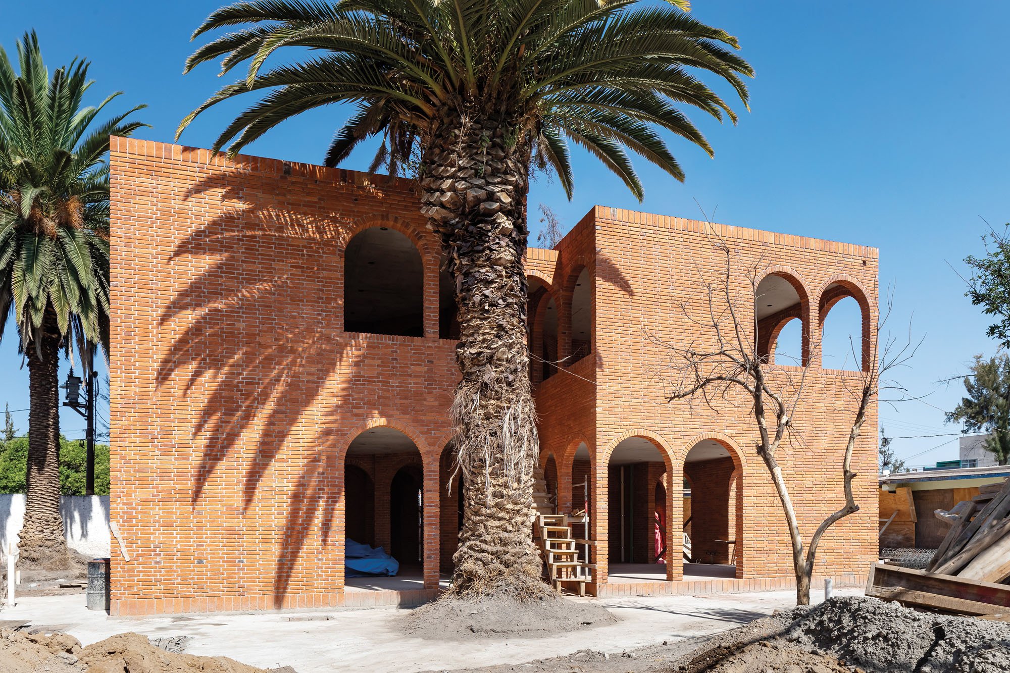 exterior brick building pilares building in Mexico City shaded by a large palm tree