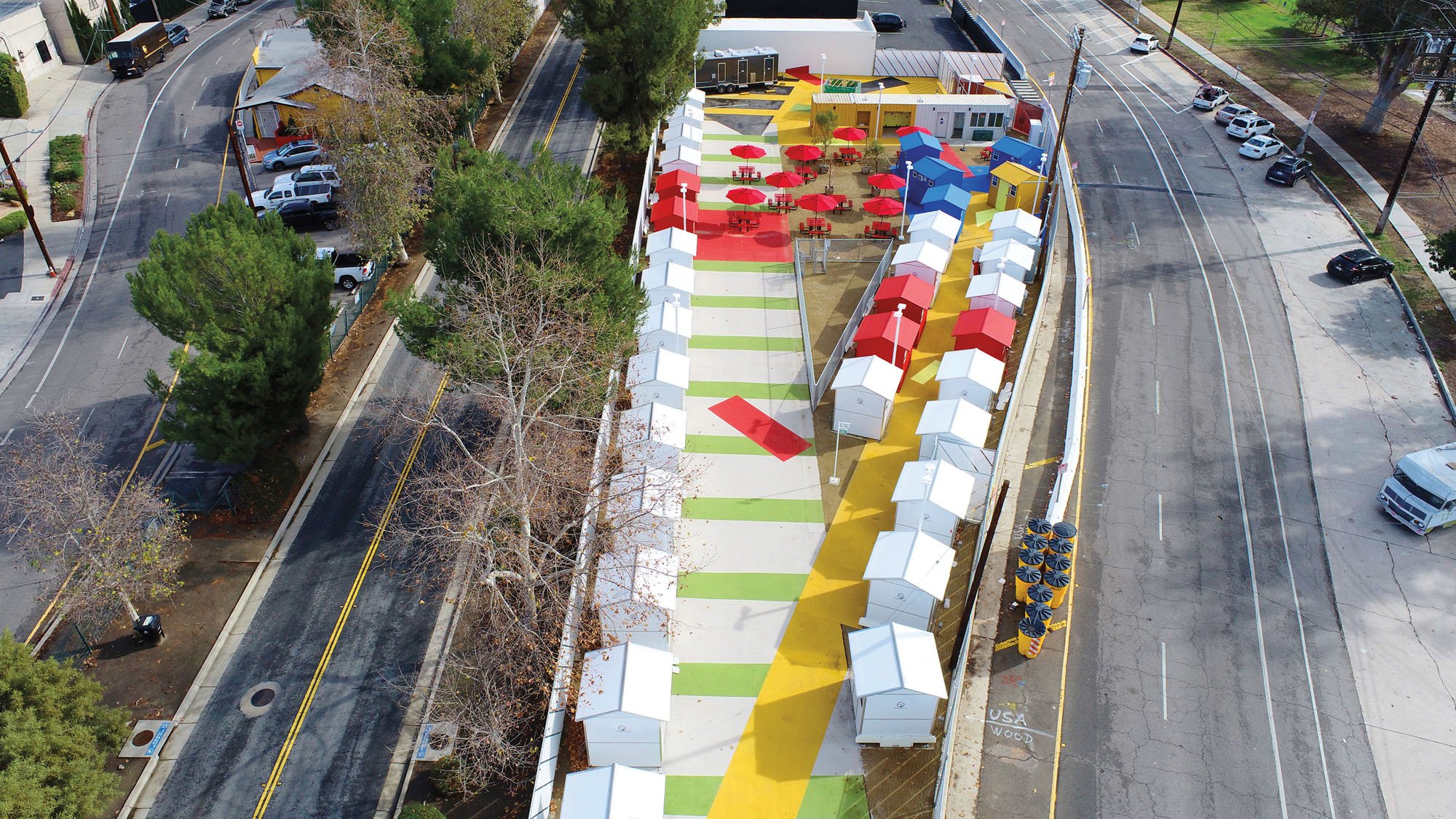 tiny houses on a highway median