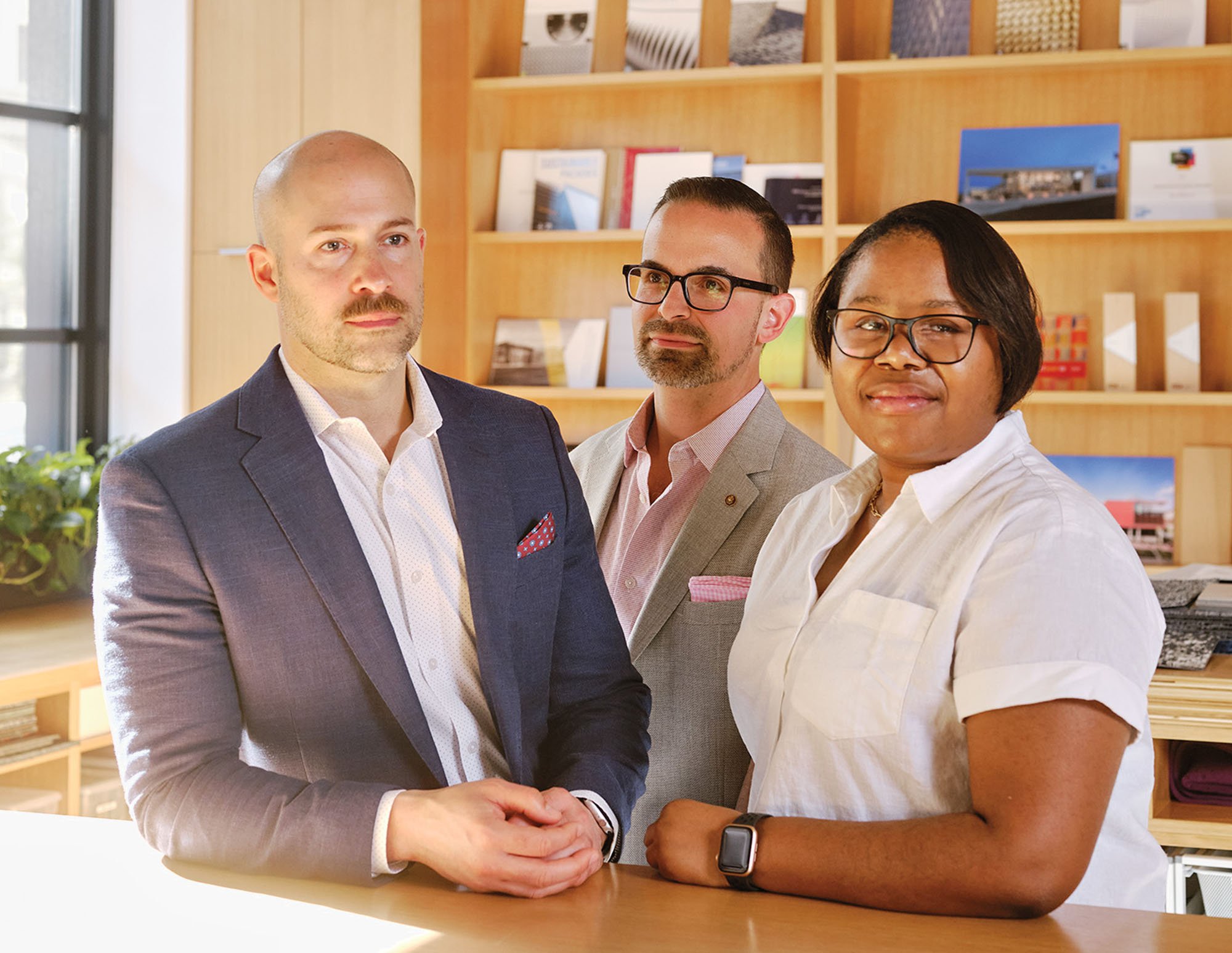 From left to right: David Cordell, associate principal, Jon Penndorf, senior associate and project manager, and Brittany McNairy, senior technical coordinator, in Perkins&Will’s Washington, D.C., office.