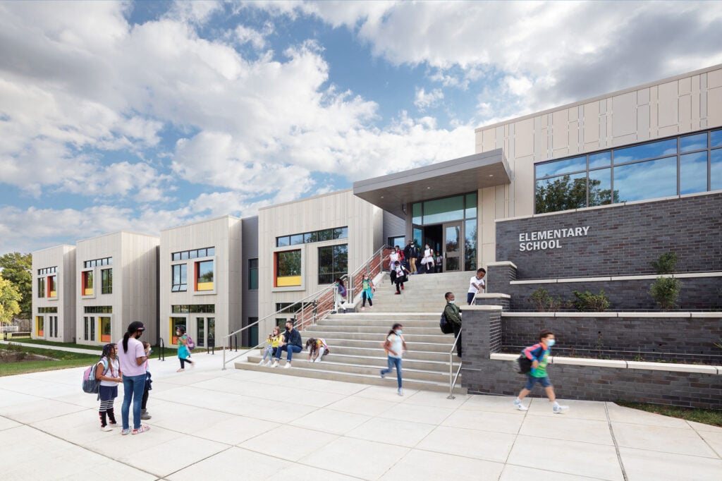 exterior of elementary school with stairs