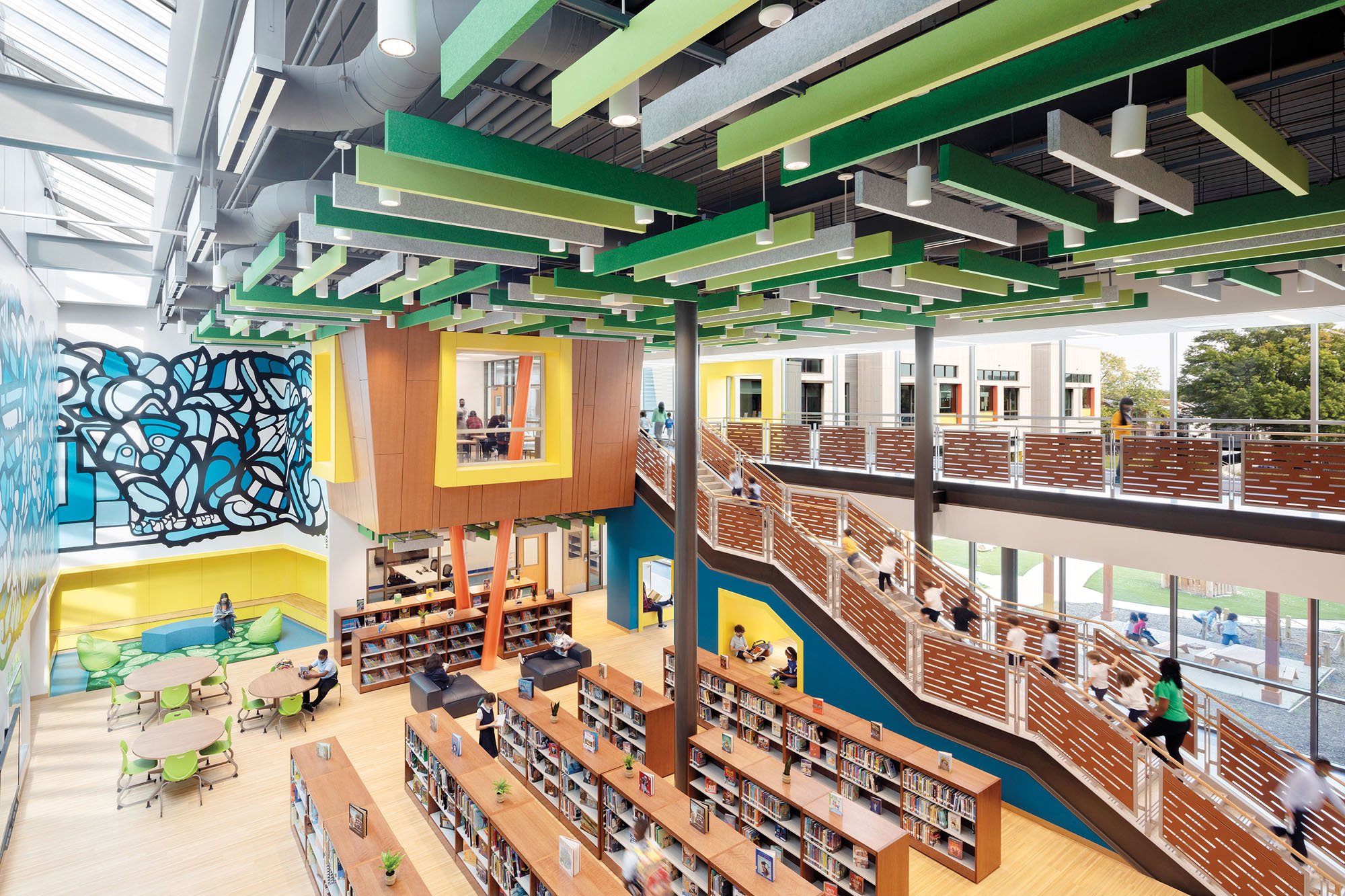 interior library with multiple levels and staircases