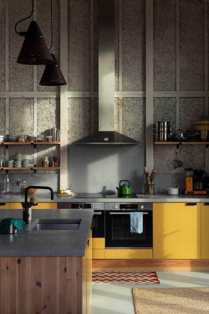 photograph of a kitchen designed using hempcrete panels 