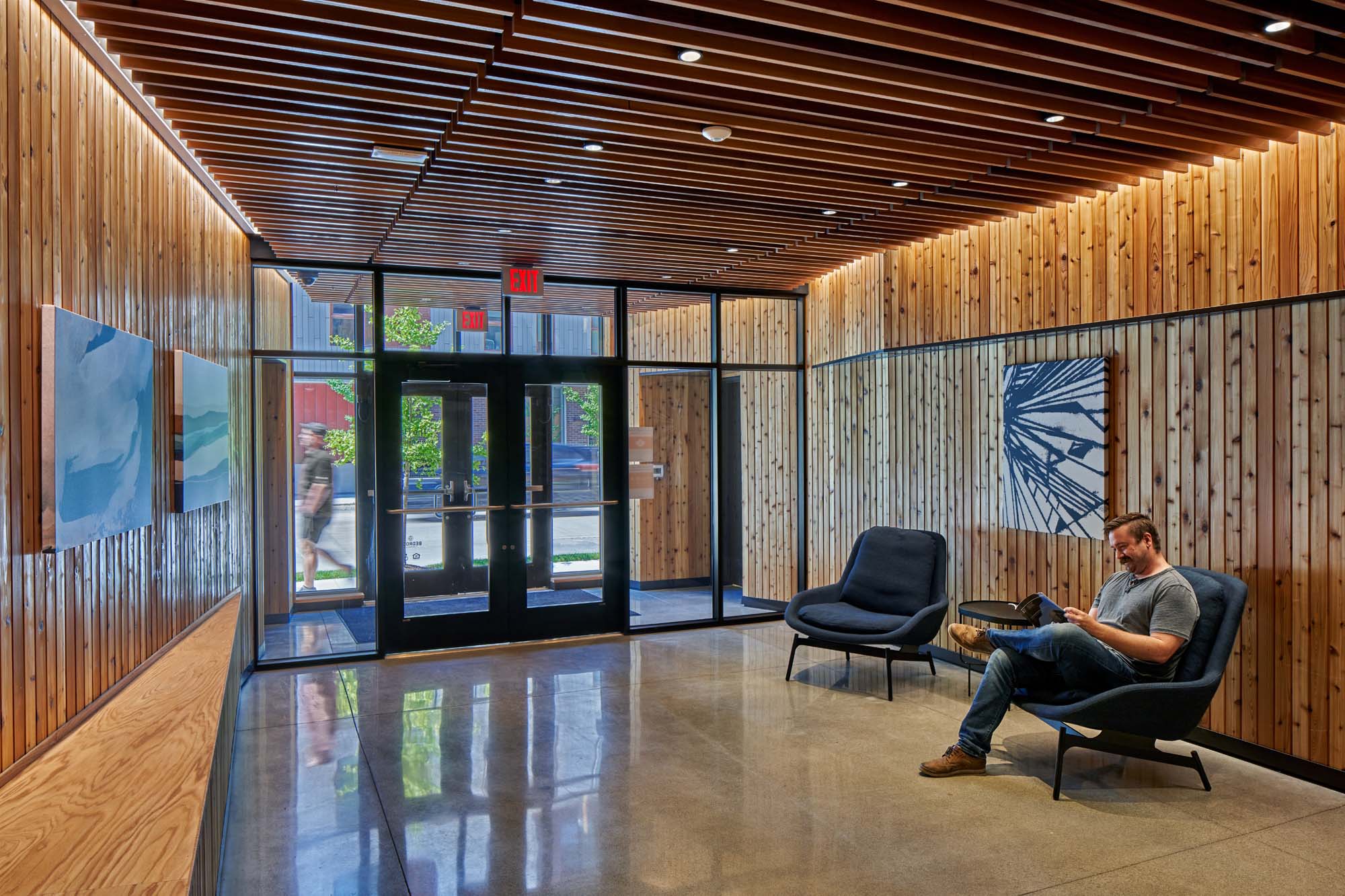 interior a wood-clad lobby