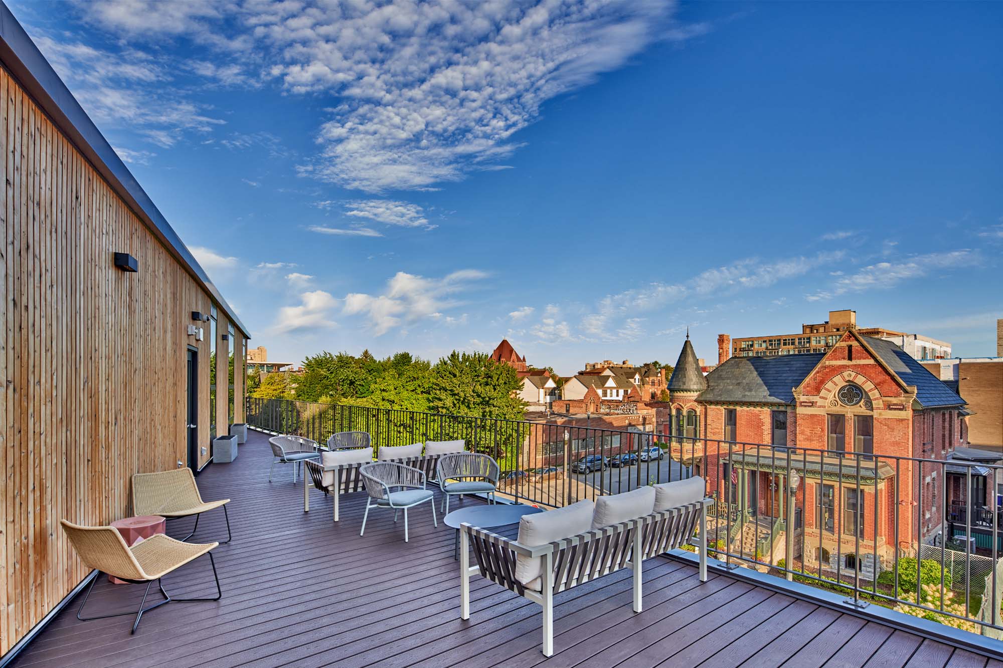 rooftop terrace with detroit skyline behind