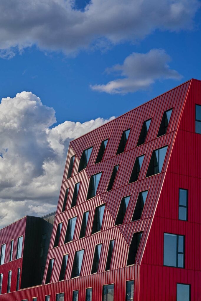 Angular red Metal-clad building in detroit