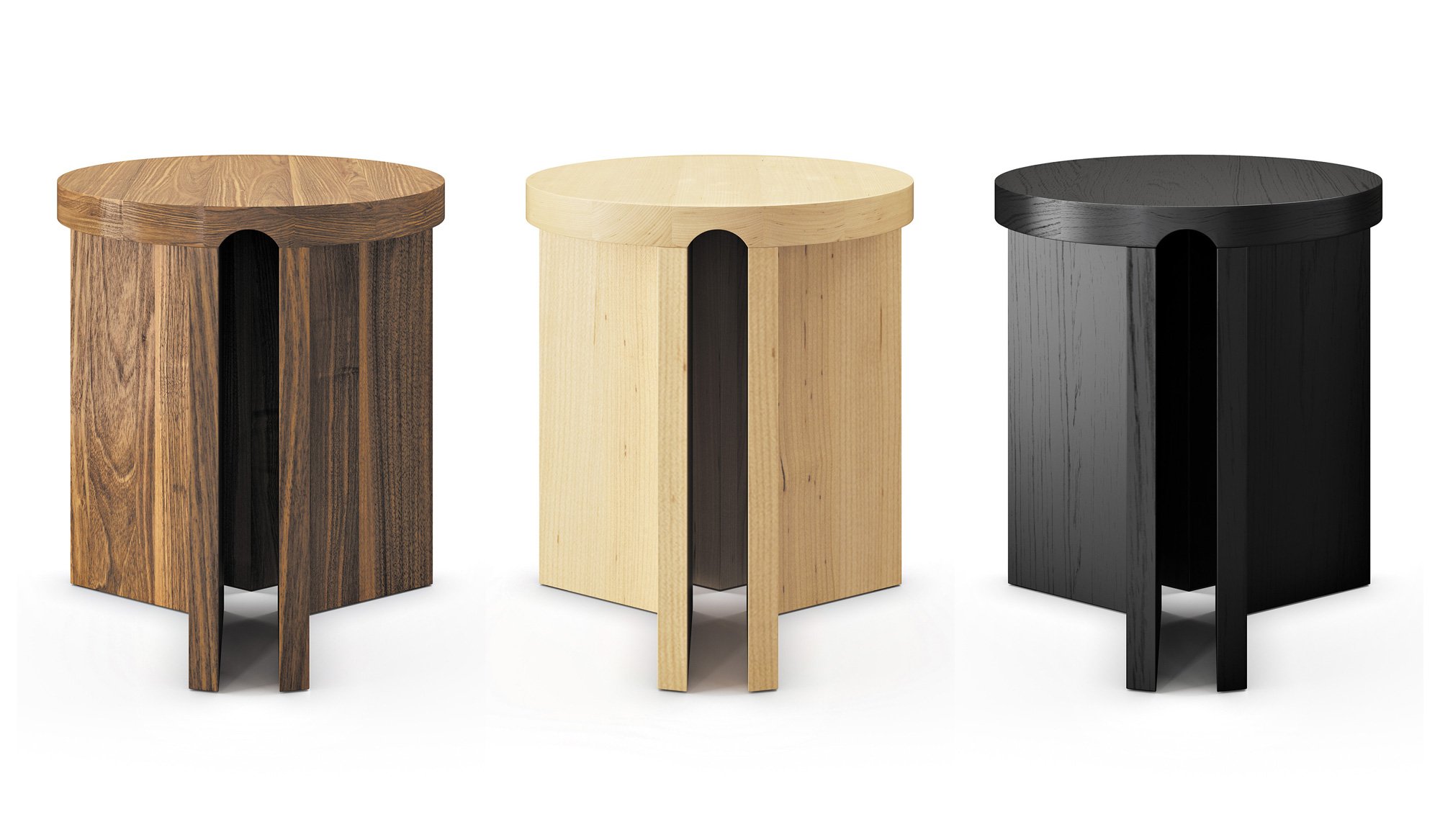 a photograph of three wooden stools in different shades