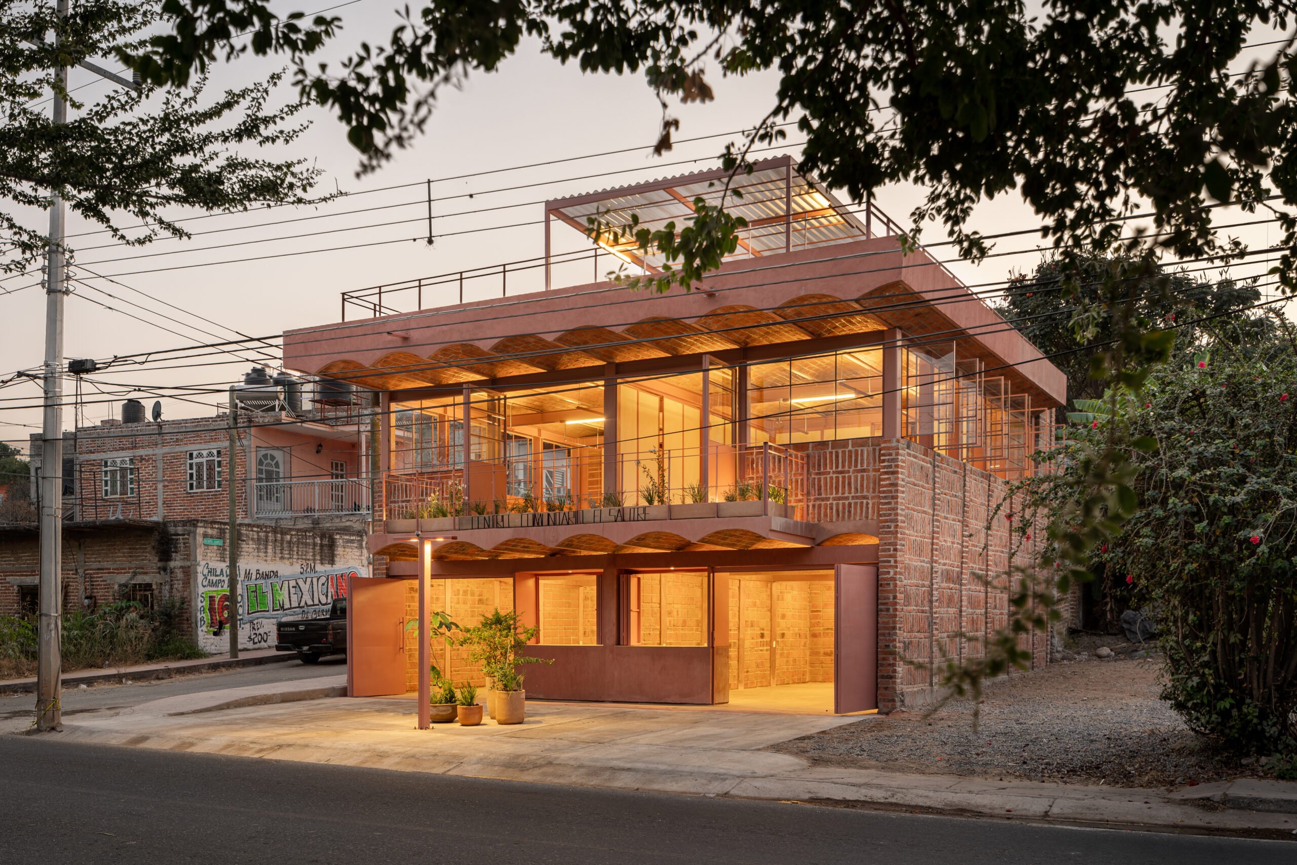 a two story brick building