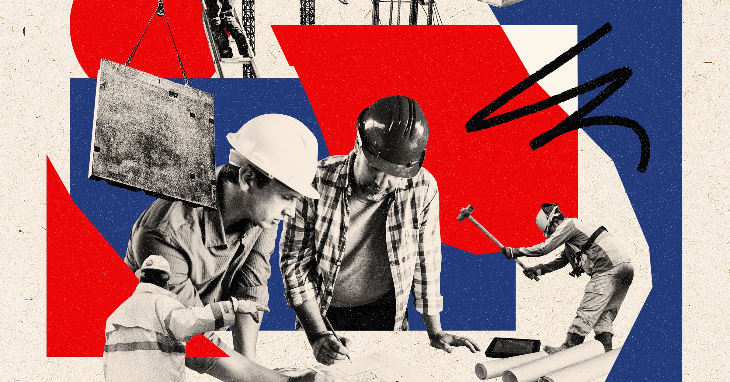 a collage showing people working and looking at drawings agains a red and blue background