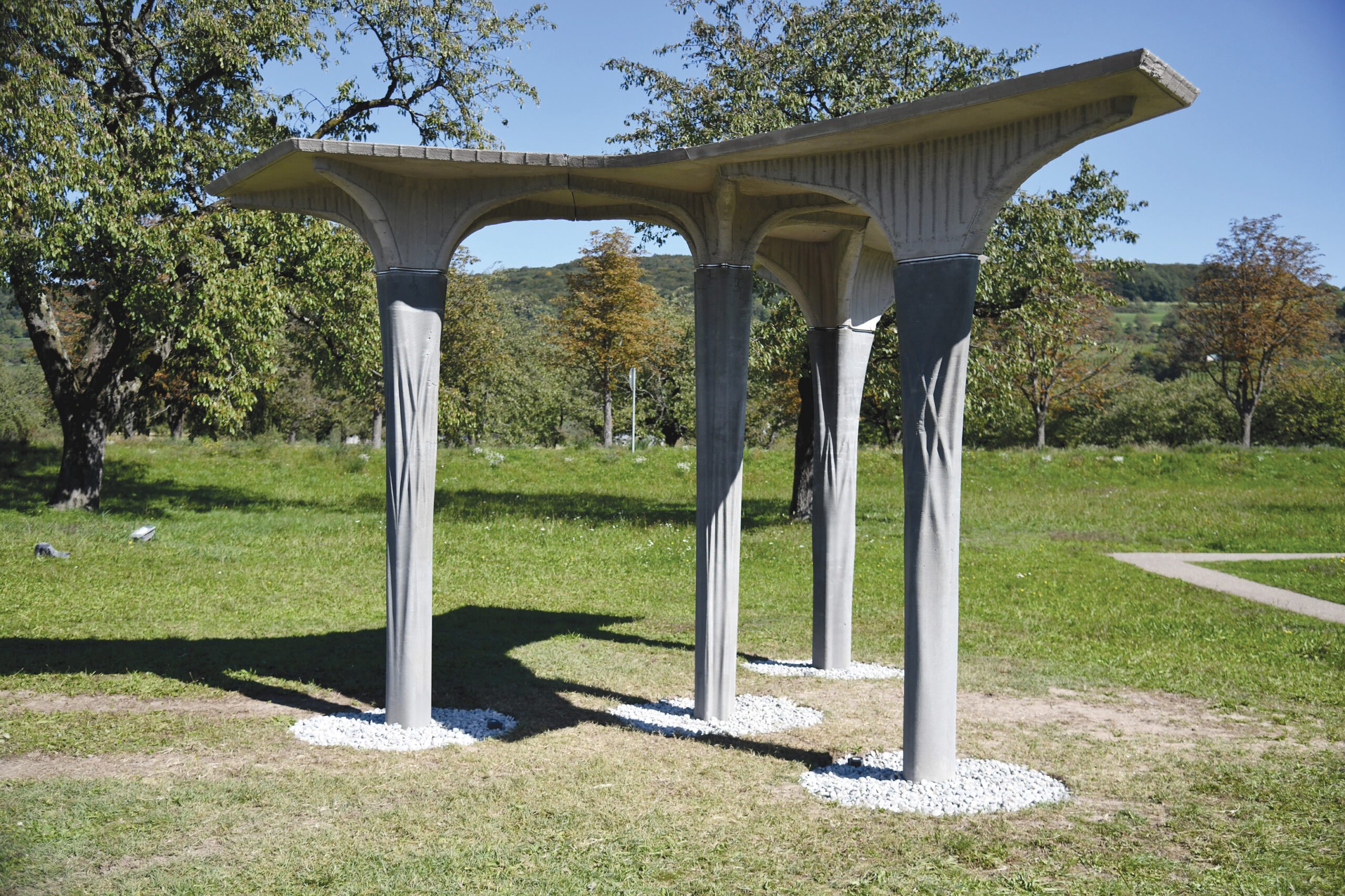 The 3D demonstration project called the Eggshell Pavilion which consists of four columns and four ribbed slabs