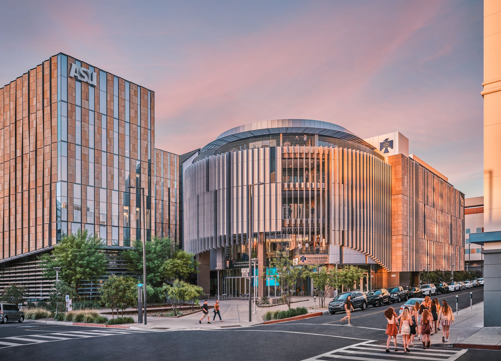 the exterior of the ASU Thunderbird School of Global Management clad with metal fins