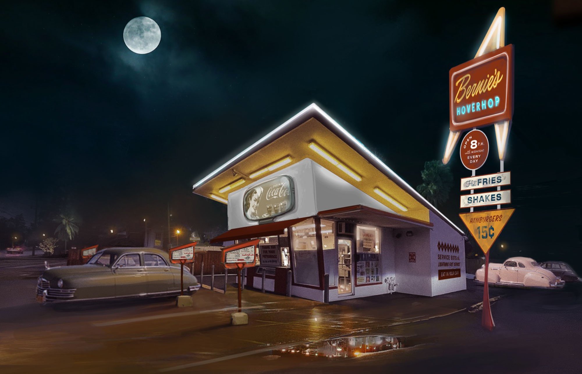 a rendering of a drive-in restaurant surrounded by floating cars