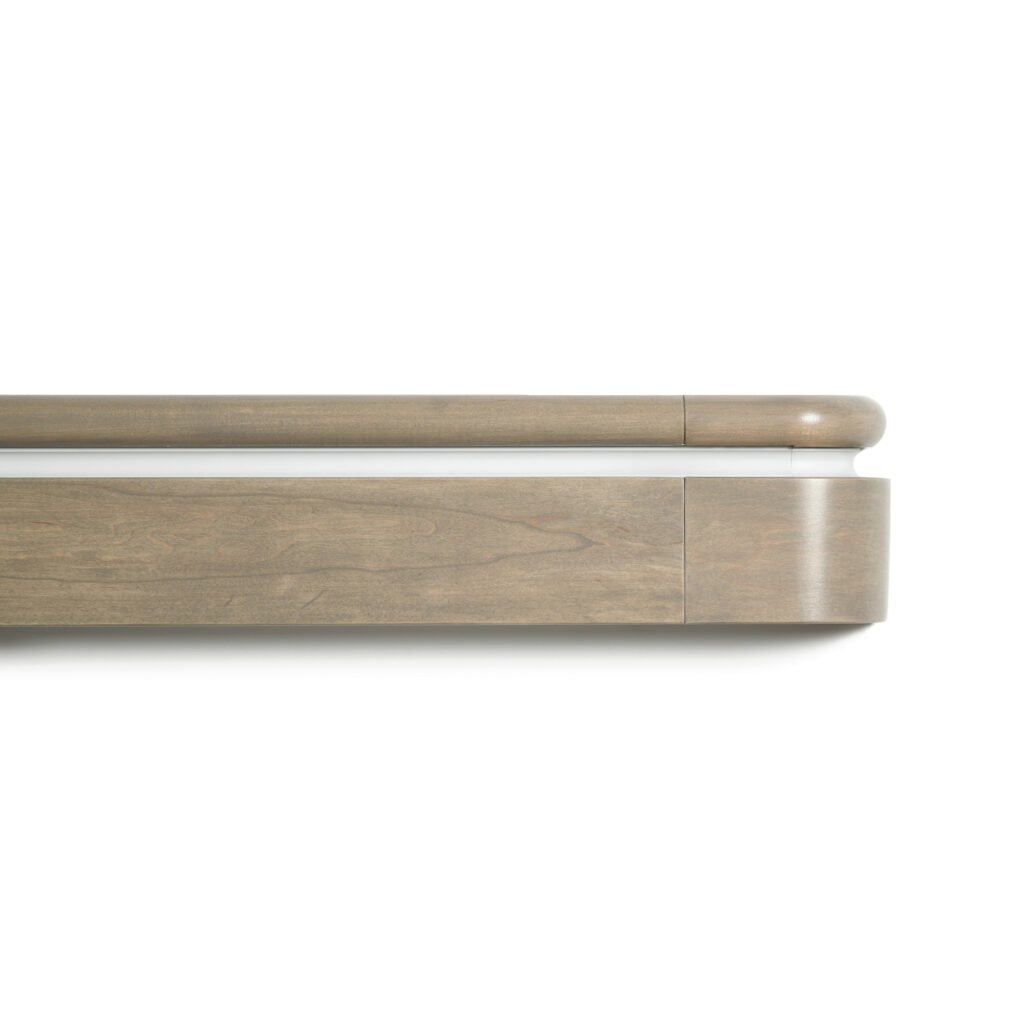 A curved yet sleek wooden handrail made with a  thin white line to create a calm vibe. 