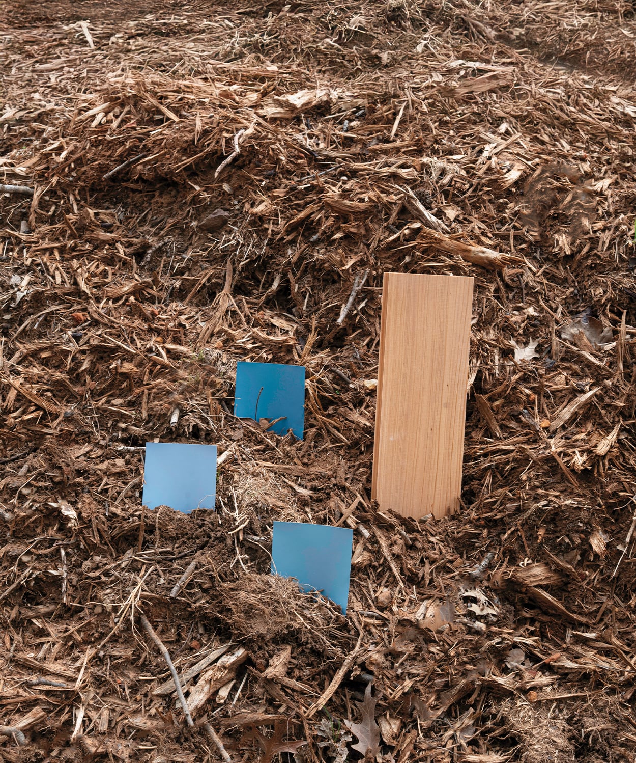 swatches of blue and wood pieces places in a pile of hay.