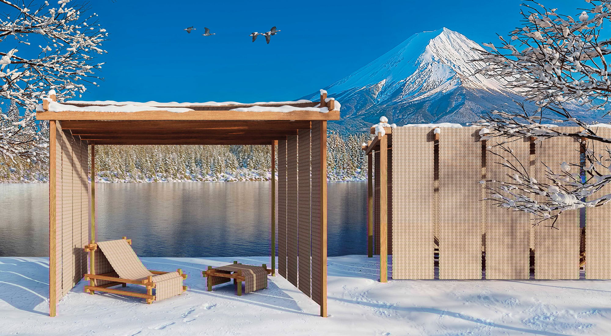 An outdoor lounging product placed in a serene wooden pergola overlooking a lake and snowy mountains. 