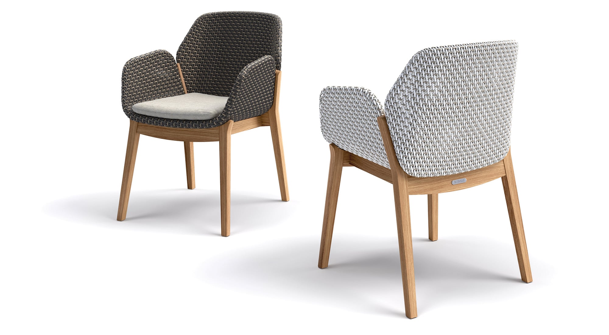 2 chairs with woven and wooden materials in light and dark grey. 