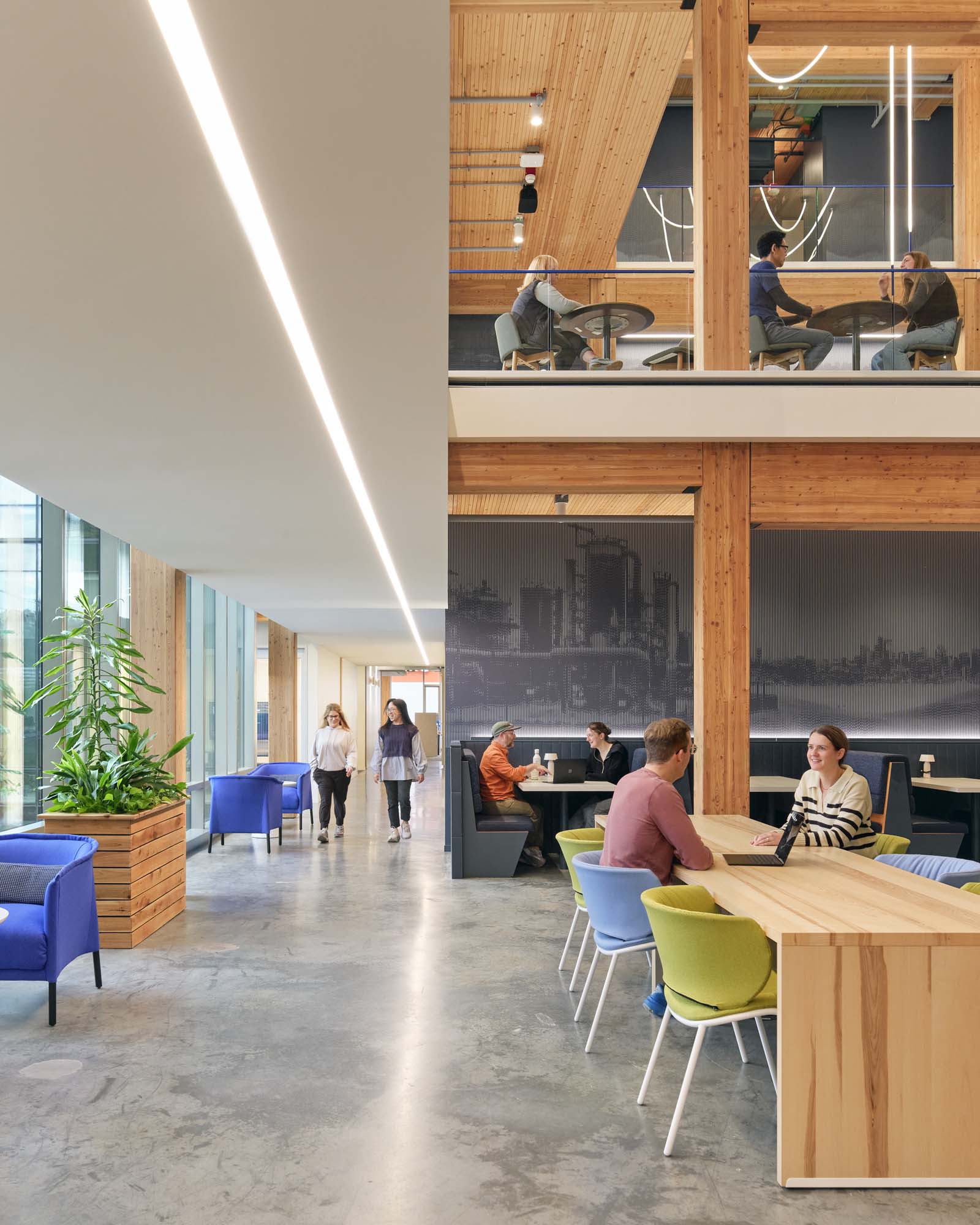 An open workspace featuring rows of desks with computer monitors and orange office chairs. Floor-to-ceiling windows on the left flood the space with natural light and offer a view of green trees outside.