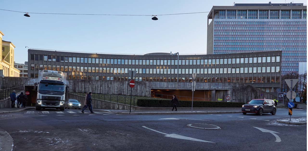 archival image of a brutalist concrete building in norway