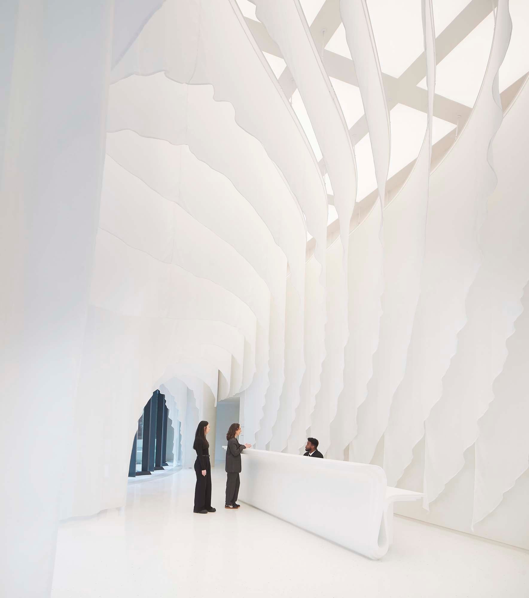 Tower lobby space with bright-white interior