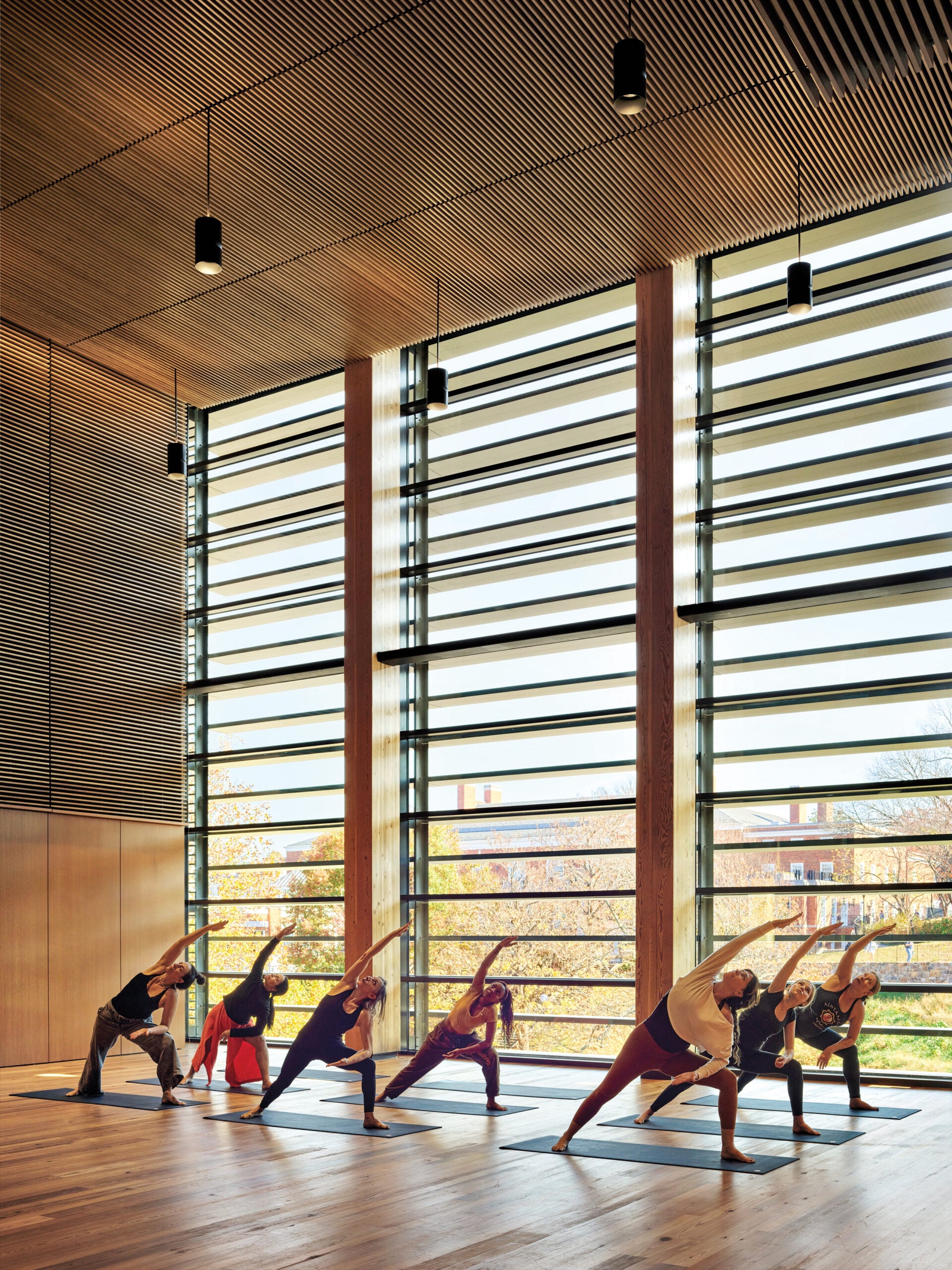 Figures stretch on yoga mats in wood interior with giant floor to ceiling windows