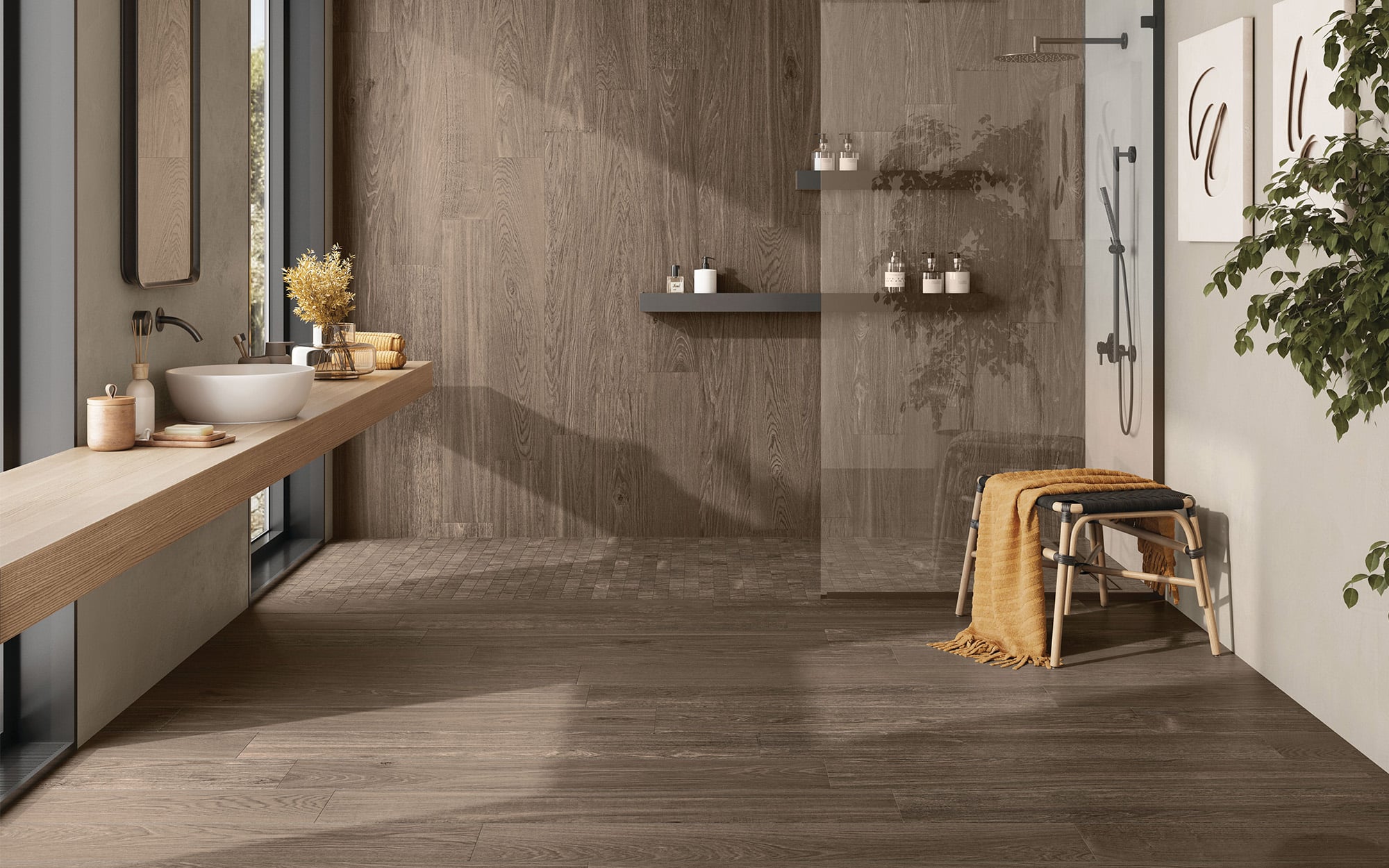 Rural Retreat by Crossville: modern shower with glass partition, and porcelain that has the look of white oak