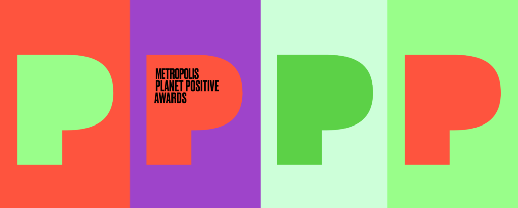 Four large, bold letter P’s in alternating green and orange stand out against purple and pastel backgrounds. Text reads: “Metropolis 2026 Planet Positive Awards.”.