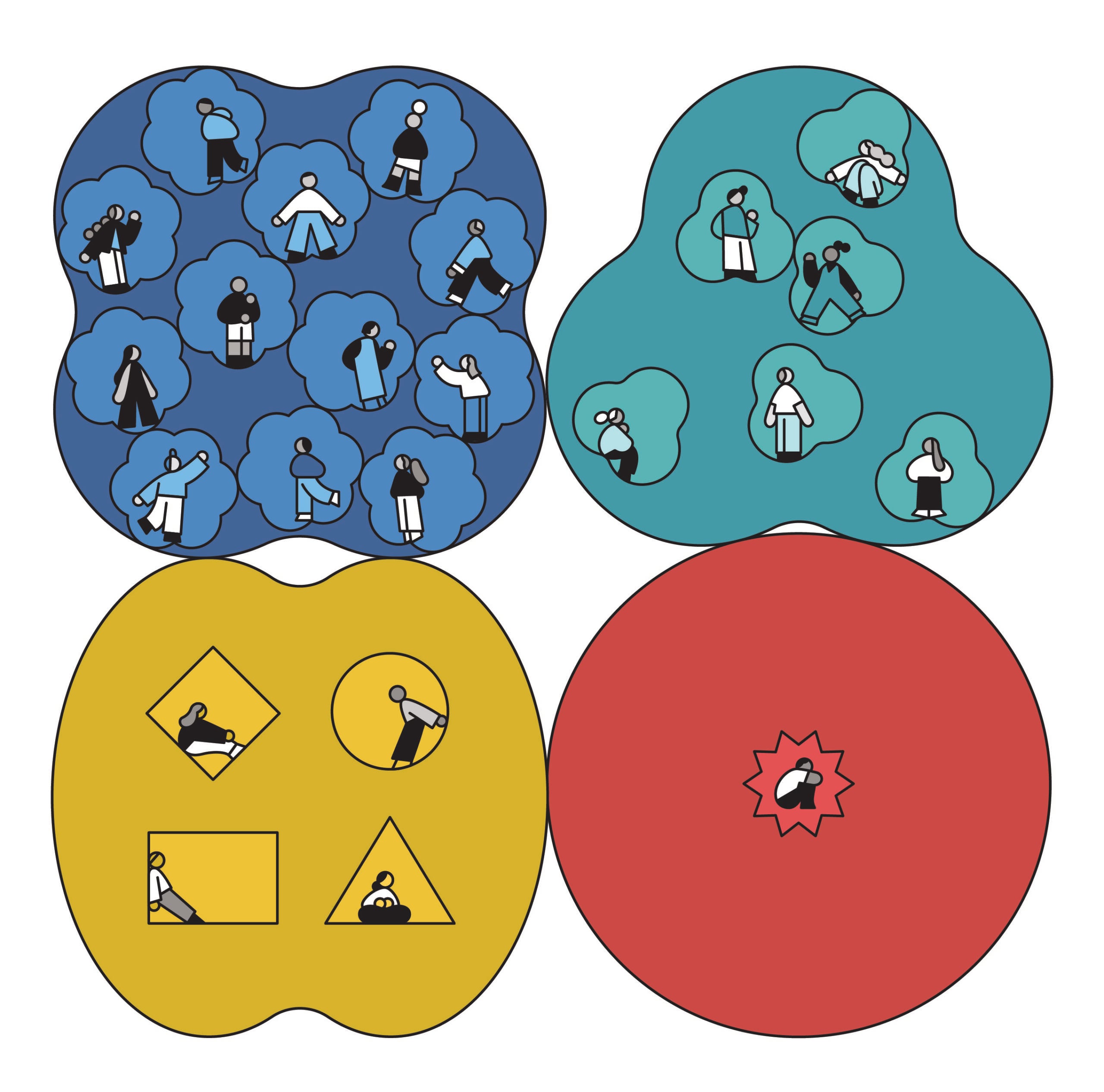 Illustration by Rose Wong that represents neurodiversity: four shapes form a square (red, yellow, navy blue and teal) with figures inside each